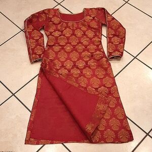 Kurta Red with Gold Trim and Floral Print